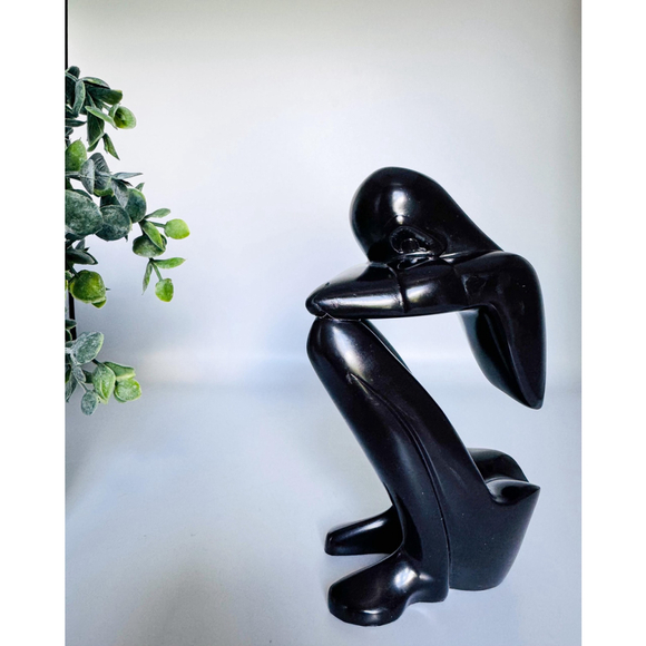 Black Abstract Thinker Sculpture, Minimalist Seated Figure, Modern Home Decor - Picture 4 of 7